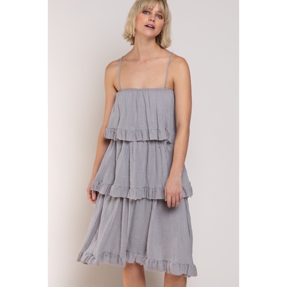 POL Grey Spaghetti Strap Ruffle Tiered Linen Dress - Picture 3 of 6